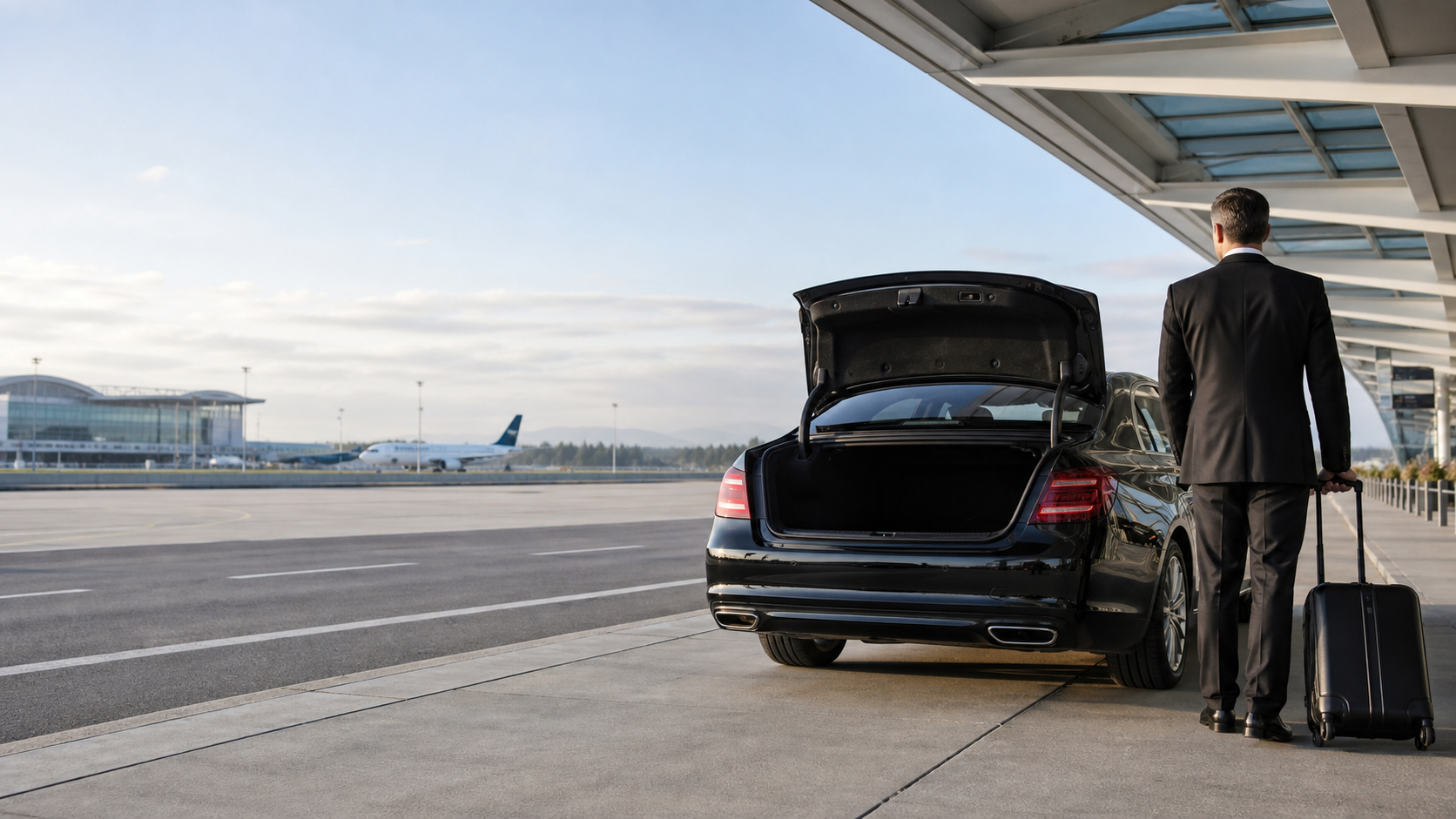 Premium airport transportation vehicle and chauffeur at an airport terminal
