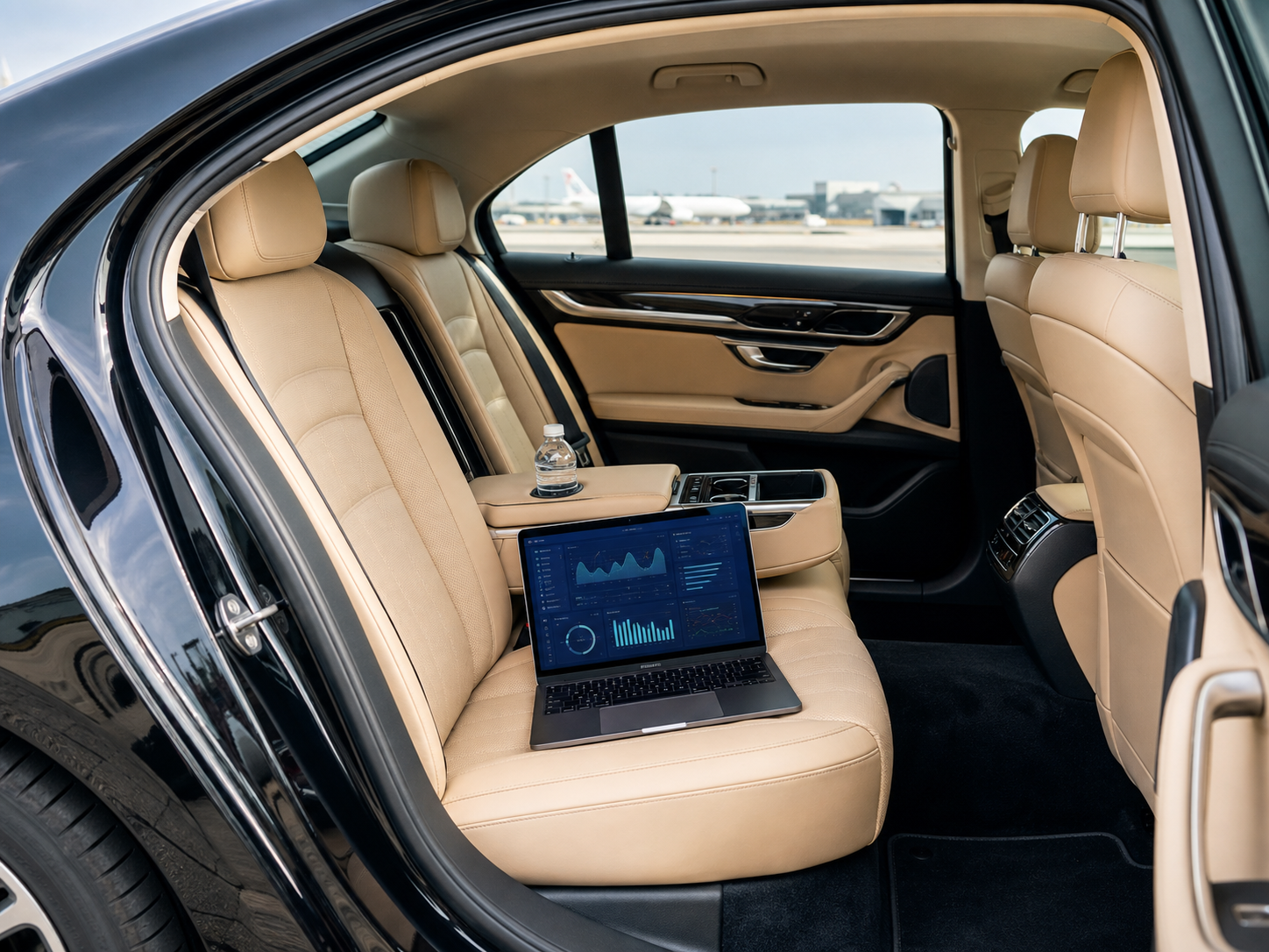 Premium airport transportation vehicle interior with a laptop showing analytics
