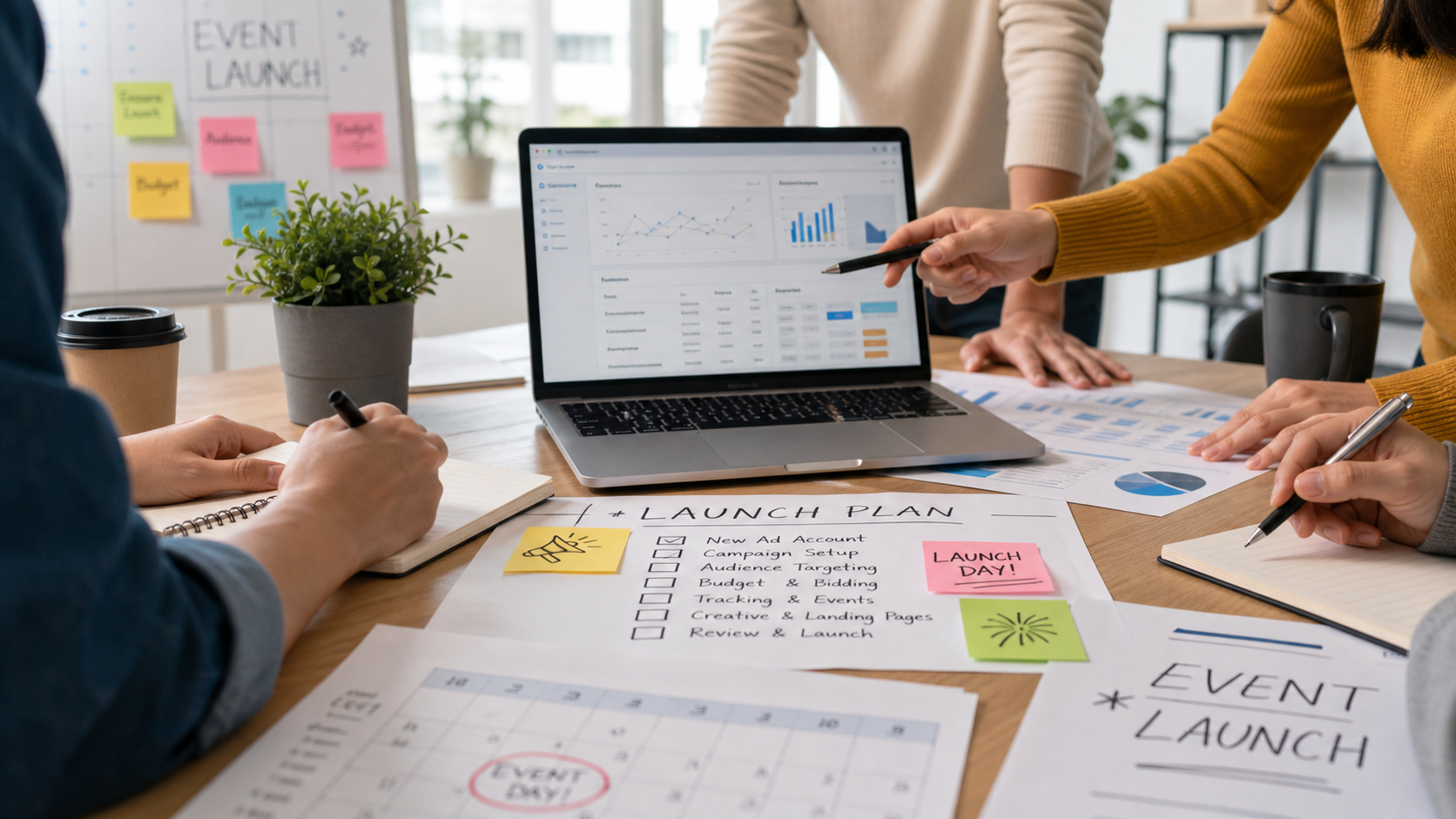 Google Ads launch planning workspace with campaign plan, launch calendar, budget notes, and analytics