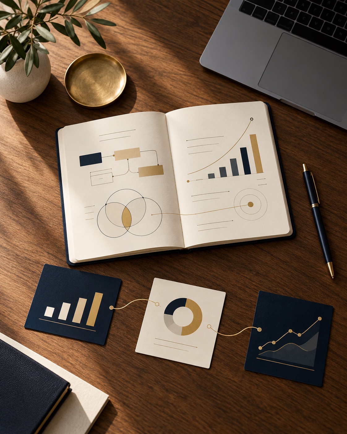 Notebook with connected strategy diagrams and campaign performance charts