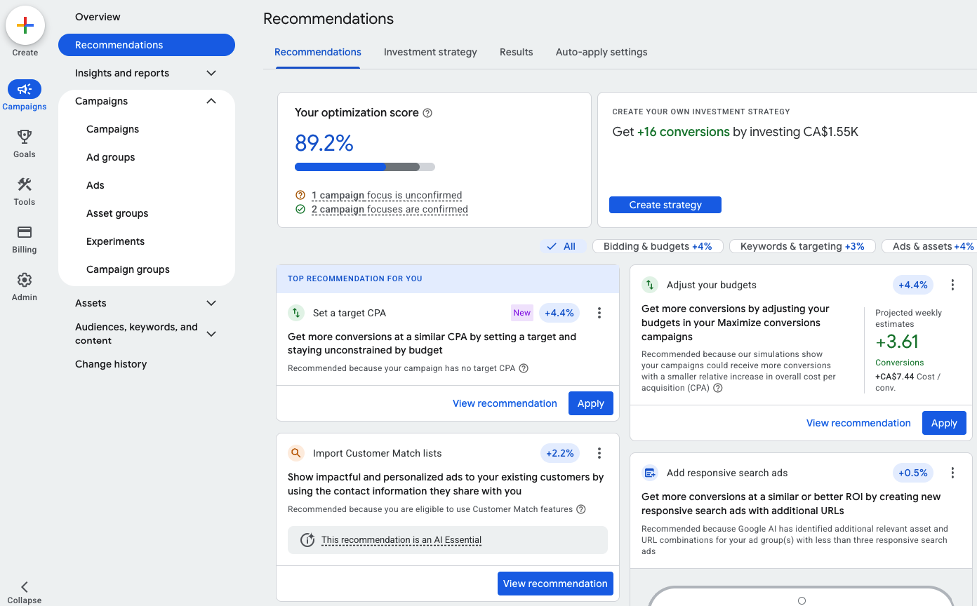 Google Ads recommendations screen with optimization score and recommendation cards
