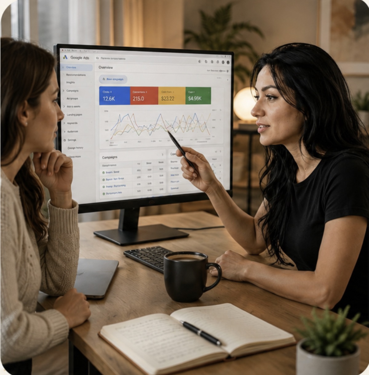 Olga Minibaeva reviewing Google Ads performance data with a client