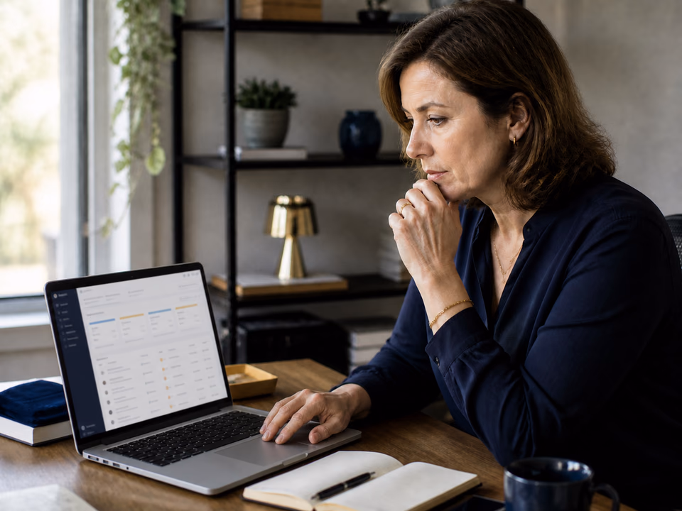 Mature small-business owner reviewing a CRM interface on a laptop.